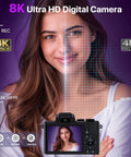 8K Ultra HD Vlogging Camera With WiFi, Autofocus And 88MP Still Photos showing high-resolution image comparison on screen