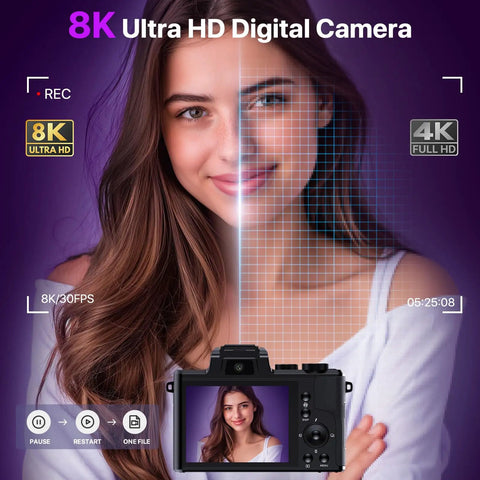 8K Ultra HD Vlogging Camera With WiFi, Autofocus And 88MP Still Photos showing high-resolution image comparison on screen