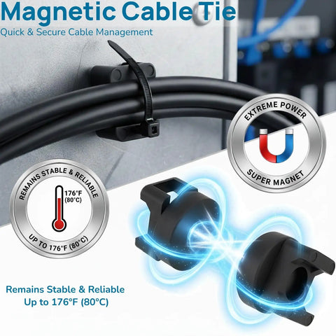Magnetic Cable Tie Set With 25 Mounts And 200 Self Locking Ties Big Value Cable Management Kit used for organizing cables on metal surface.