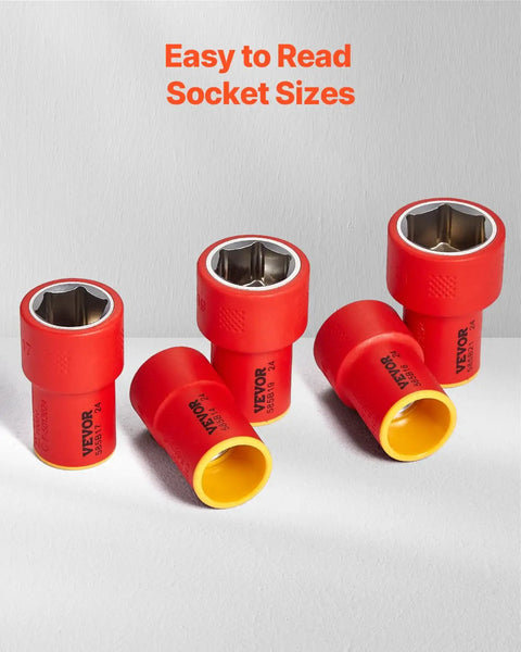 Hardcore 16-Piece Insulated Socket Set With 1000V Safety Rating showing easy to read red socket sizes for efficient electrical work.