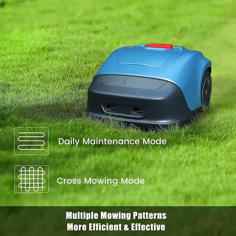 Smart Robot Lawn Mower For A Quarter Acre With App Control And Auto Charging on grass showing mowing modes