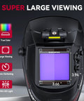 Front view of large view auto darkening welding helmet with LED light and solar powered hood, wide shade range display.