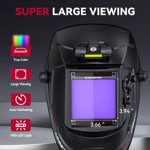 Front view of large view auto darkening welding helmet with LED light and solar powered hood, wide shade range display.