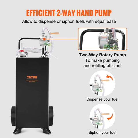 Portable 30 Gallon Gas Caddy With Two Wheels And Manual Transfer Pump For Diesel And Gasoline Fuel Storage Tank Grab N Go For Cars Lawn Mowers ATVs Boats Black, showing efficient 2-way hand pump