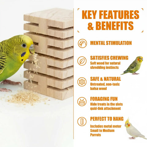 Safe Untreated Ultra Soft Balsa Wood Foraging Toy With Canyon Groove Design For Small Parrots next to green parrot on white background
