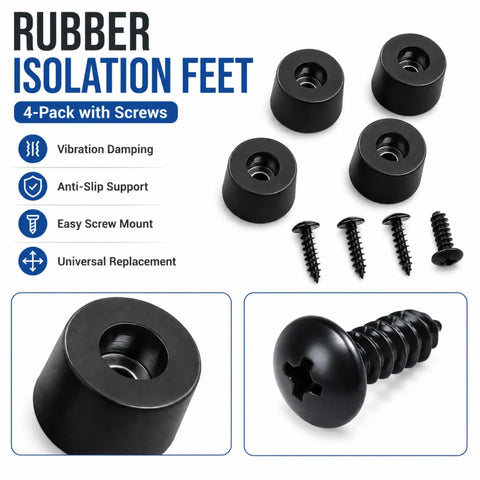 Heavy-Duty Rubber Isolation Feet Four Pack With Steel Inserts-Badass Anti-Vibration Dampening Pads For Amps Subs And Turntables-Smooth Operator Audio Setup Upgrade For Crisp Bass And Ultra Clear Stereo Mixes with black rubber pads and screws