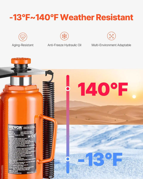 Temperature range of Beefy Air Hydraulic Bottle Jack Two In One Pneumatic And Hydraulic 12 Ton, suitable for -13°F to 140°F environments.