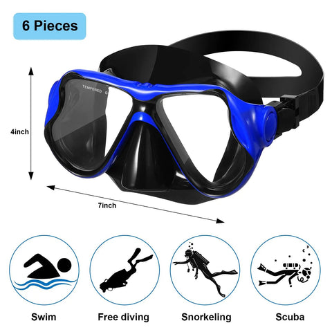 Six Pack Adult Swim Goggles With Nose Cover For Women And Men Pool Mask Anti Fog Tempered Glass Snorkel Dive Mask Gear For Adults And Youth 6 Color Options Classic Colors, blue goggle with black strap dimensions 7x4 inches