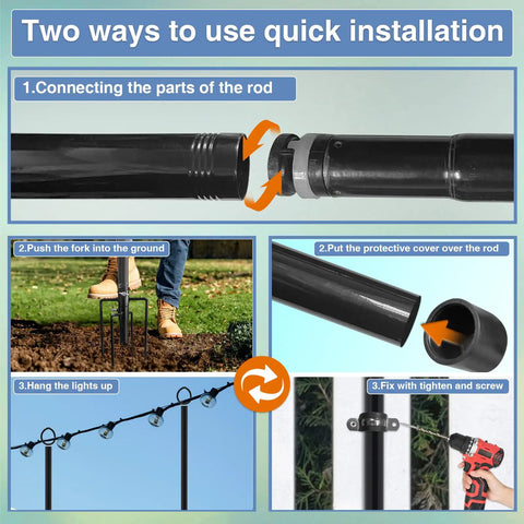 Adjustable 10 Foot Outdoor String Light Poles For Yard And Patio With Quick Assembly steps showing parts connection and installation.