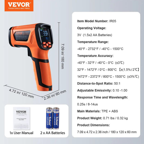 Infrared Thermometer With Dual Laser Non Contact Temperature Gun Handheld IR Heat Temperature Meter Adjustable Emissivity For Metal Smelting Cooking Pizza Oven And Engine Use Range From 40 F To 2732 F Lightning Fast One Quarter Second Readings orange handheld IR thermometer with AA batteries and manual