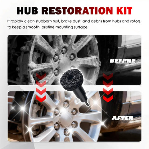 No Sweat All In One Wheel Hub And Brake Rotor Cleaning Kit With Heavy Carbon Steel Wire Brushes and Quick Swap Adapter for Brake Dust Knockout and Rust Extraction On Your Daily Driver, before and after cleaning results.
