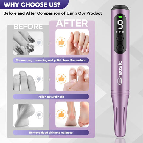 Before and after comparison of Heavy Duty Electric Nail Drill Kit With Twelve Versatile Bits For Grinding Gel And Acrylic Nails.