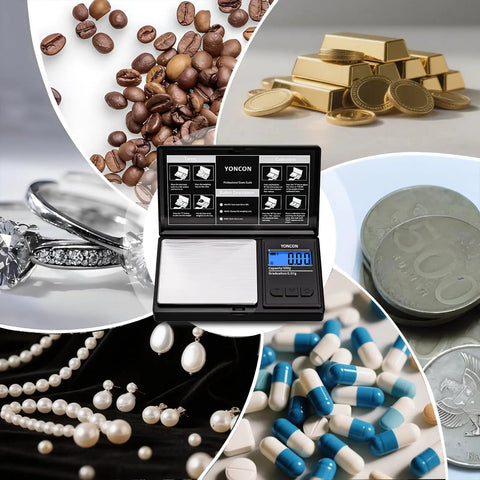 Ultra Precise 0.01g Digital Scale For Jewelry Gold Silver Diamonds Gems 500g Capacity Portable Pocket Scale With LCD Display Tare Function Ideal For Jewelers And Collectors surrounded by various items like jewelry, coffee beans, and pills.