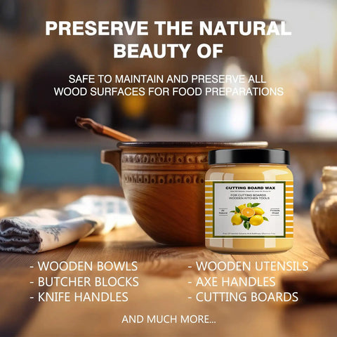 Straight Up Beeswax Cutting Board Finish Wax Blended With Carnauba And Fresh Lemon Orange Oils To Nourish Wood Butcher Blocks And Keep Your Kitchen Gear Looking Sharp 3.5 Oz Tin next to a wooden bowl.