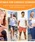 Four athletes wearing Eight Pack Headbands For Women And Men Non Slip Sweat Wicking Sports Hairbands during yoga, running, fitness, and sports.