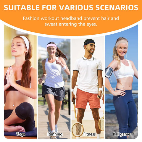 Four athletes wearing Eight Pack Headbands For Women And Men Non Slip Sweat Wicking Sports Hairbands during yoga, running, fitness, and sports.