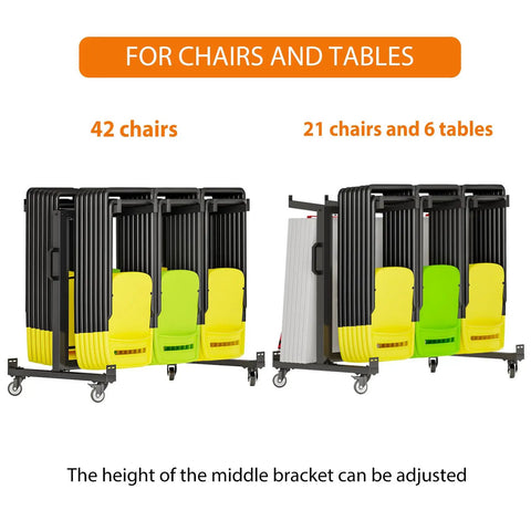 One Stop Folding Chair And Table Storage Cart With Rolling Wheels Holds 42 Chairs And 12 Tables Includes Rain Cover And Bungee Cords Perfect For Schools Banquets And Community Centers, showing chair and table arrangement