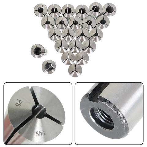 R8 Collet Set for Milling Machines, 23Pcs 1/16 To 3/4 Inch With Internal 7/16-20 UNF Thread displayed in a triangular layout