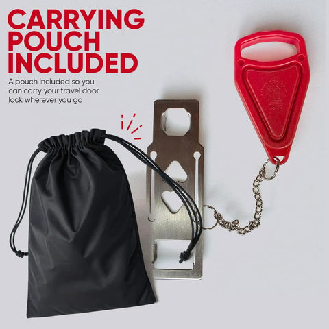 Door Lock For Extra Security And Privacy While Traveling Portable Travel Lockdown Prevent Entry And Keep Your Family Safe Red Ideal For Hotels Dorms Apartments And Bedrooms On The Go Easy To Use Yet Durable Travel Essential Safety Gear shown with carrying pouch