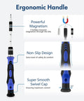 Image showing ergonomic handle of 62-In-1 Precision Screwdriver Kit With 58 Magnetic Bits, highlighting magnetism, non-slip design, swivel cap.