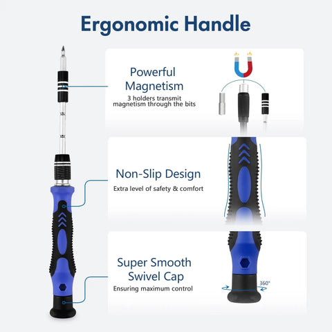 Image showing ergonomic handle of 62-In-1 Precision Screwdriver Kit With 58 Magnetic Bits, highlighting magnetism, non-slip design, swivel cap.