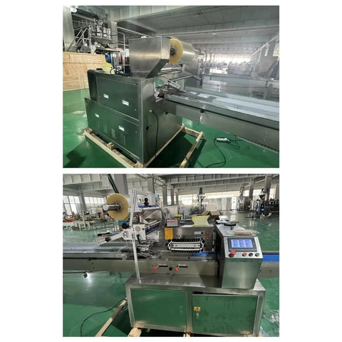Compact Horizontal Flow Wrapper Shrink Wrap Machine 50 To 80 Pieces Per Minute with stainless steel finish and operational control panel.