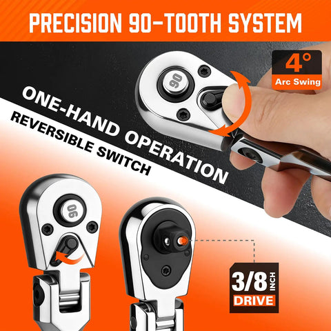 Close-up of Beast Three Eighths Inch Drive Flex Head Ratchet With Ninety Tooth Gear and reversible switch lever in action.