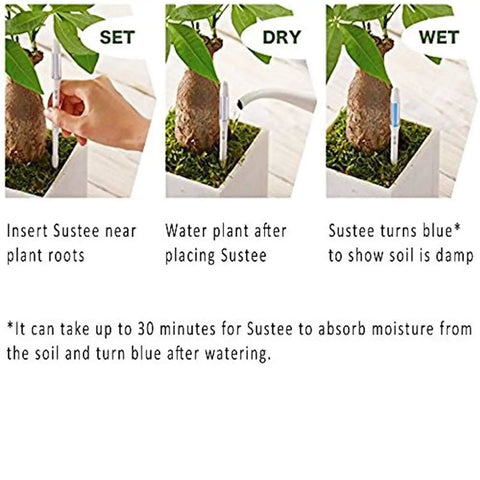 Leave In Soil Moisture Meter Pen Set Of Four For Home Garden Green Small Probes Continuous Plant Water Monitoring For Two Inch Two And A Half Inch And Three Inch Pots Easy To Read Digital Readout, shown in dry and wet soil