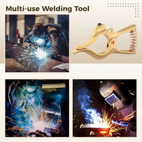 Beefy 300 Amp Ground Clamp For Welding Machines with a welder using MIG TIG plasma processes, durable brass, easy grip handle.