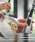 Moen Swyre Pulldown Kitchen Faucet, Chrome, 87508EW spray head in use rinsing food off plate.