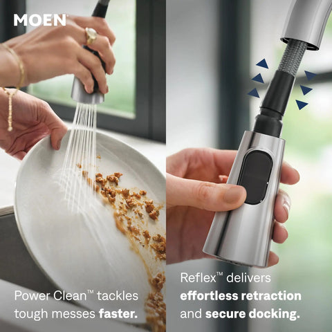 Moen Swyre Pulldown Kitchen Faucet, Chrome, 87508EW spray head in use rinsing food off plate.