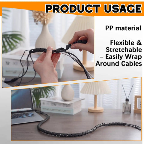 Person wrapping cables with 3 Pack Spiral Wrap Cable Protector for cables and hoses with 1/4 inch, 1/2 inch, and 3/8 inch outer diameters