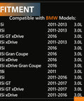 Chart showing fitment for BMW models 135i, 335i, 535i from 2011 to 2017 compatible with BMW Mass Air Flow MAF Sensor Replacement.