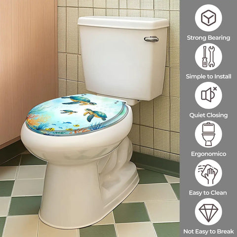 Toilet Seat Round Resin for Bathroom on a toilet, featuring ocean-themed design, placed in a stylish bathroom setting.