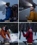 LED Beanie Hat With Light Rechargeable Knitted Cap For Men And Women shown during climbing, running, camping, and cycling.