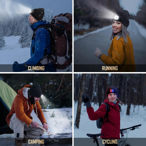 LED Beanie Hat With Light Rechargeable Knitted Cap For Men And Women shown during climbing, running, camping, and cycling.
