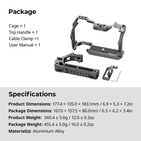 Hawklock Camera Cage Kit For Canon R6 Mark II with Full Cage, Top Handle, Cable Clamp, and Specifications.