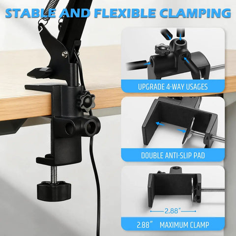Clamp detail of 12X Magnifying Glass With Light And Clamp, Ultra Long 3-Section Arm, showing stability and flexibility on desk.