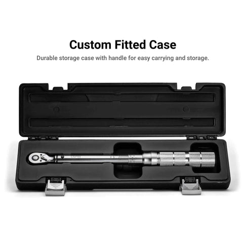 Industrial Three Eighth Inch Drive Torque Wrench With 15 To 75 Ft Pound Range Dual Scale Readouts in black fitted case