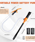 Hella Powerful Battery Fuel Siphon Pump With Slick High Suction Motor For Darn Smooth Gas Oil Water Diesel Transfer And No Drama Portable Operation In Vibrant Orange Color with dimensions shown.