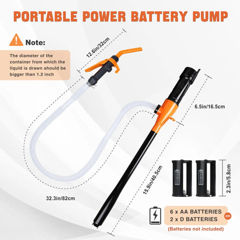 Hella Powerful Battery Fuel Siphon Pump With Slick High Suction Motor For Darn Smooth Gas Oil Water Diesel Transfer And No Drama Portable Operation In Vibrant Orange Color with dimensions shown.