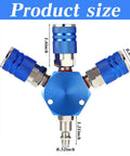 Three Way Air Hose Manifold Connectors One Quarter Inch NPT Compressor Fittings High Pressure Metal Swivel 360 Degrees Blue Two Pack Durable Air Tool Splitter And Quick Connects For Home Garage Use, size guide