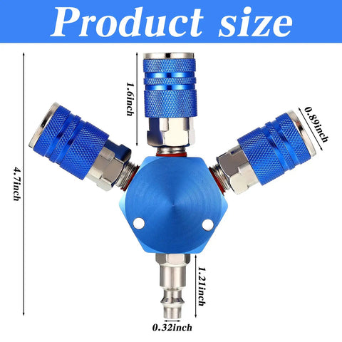 Three Way Air Hose Manifold Connectors One Quarter Inch NPT Compressor Fittings High Pressure Metal Swivel 360 Degrees Blue Two Pack Durable Air Tool Splitter And Quick Connects For Home Garage Use, size guide