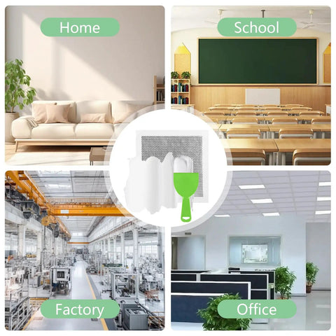 Collage showing the 10 Inch Drywall Repair Patch Kit With Self Adhesive Aluminum Plasterboard Patches Quick Fix For Cracks In Walls And Ceilings Includes Scraper And Easy Peel Adhesive 8 Pieces in different environments such as home, school, factory, and office with a green scraper included.