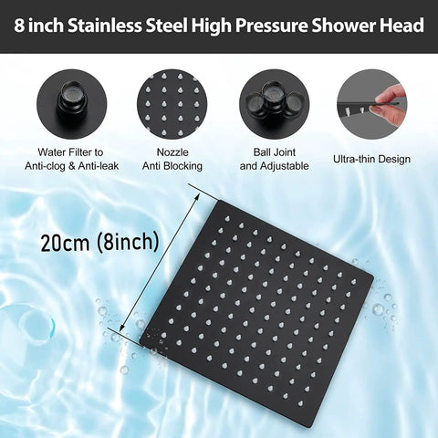 8 Inch Square Rain Shower Head With High Pressure Spray, Stainless Steel Black Finish, Ultra Thin Design, Easy Install