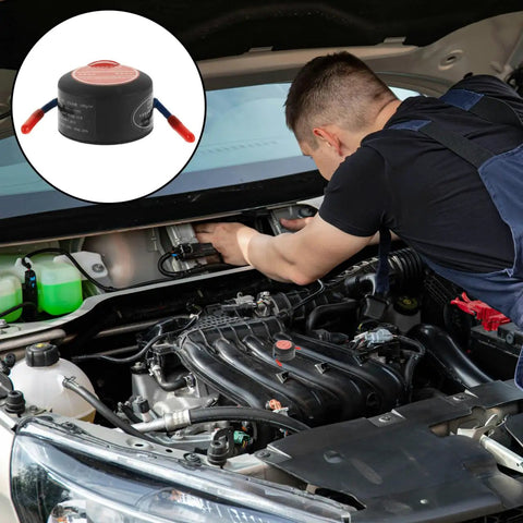 Mechanic installing Automatic Aerosol Fire Extinguisher For Vehicle Engines And Auto Spaces in car engine compartment