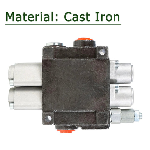 Front view of cast-iron 2-spool hydraulic directional control valve with red top cap and silver end fittings.