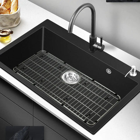 Sink Protectors For Kitchen Sink 27.5 By 13.5 Inches, Stainless Steel Protective Grid in black sink setting, top view
