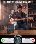 Man playing guitar with Dope 10W Mini Portable Guitar Amplifier with Clean and Drive Tones on a table, vintage style