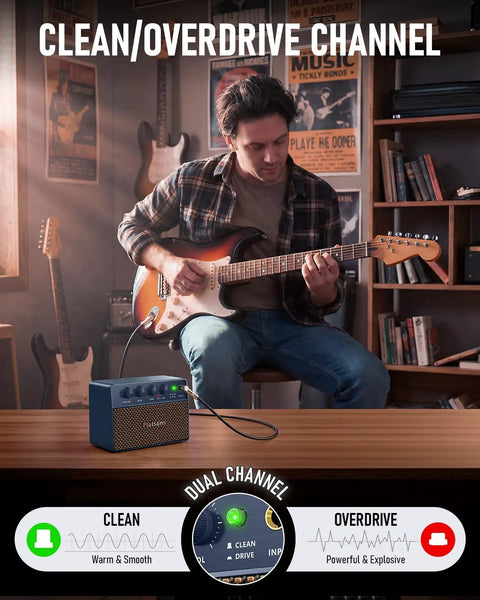 Man playing guitar with Dope 10W Mini Portable Guitar Amplifier with Clean and Drive Tones on a table, vintage style